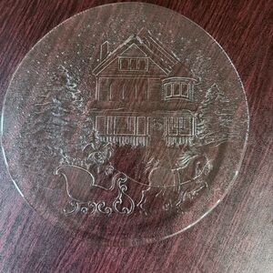 Vtg Libbey Embossed Clear Glass Christmas Platter Horse Drawn Sleigh